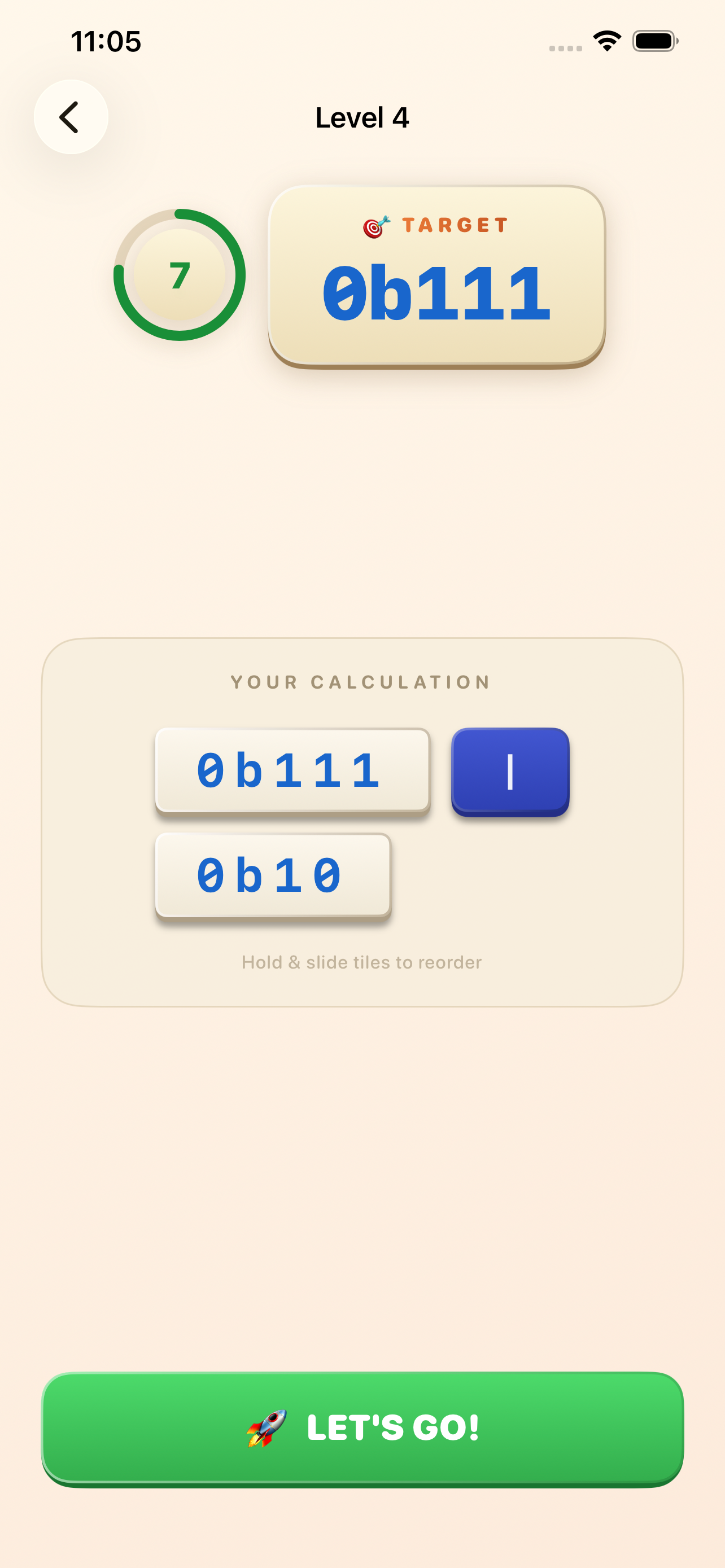 Binary mode gameplay — bitwise AND, OR, XOR operations