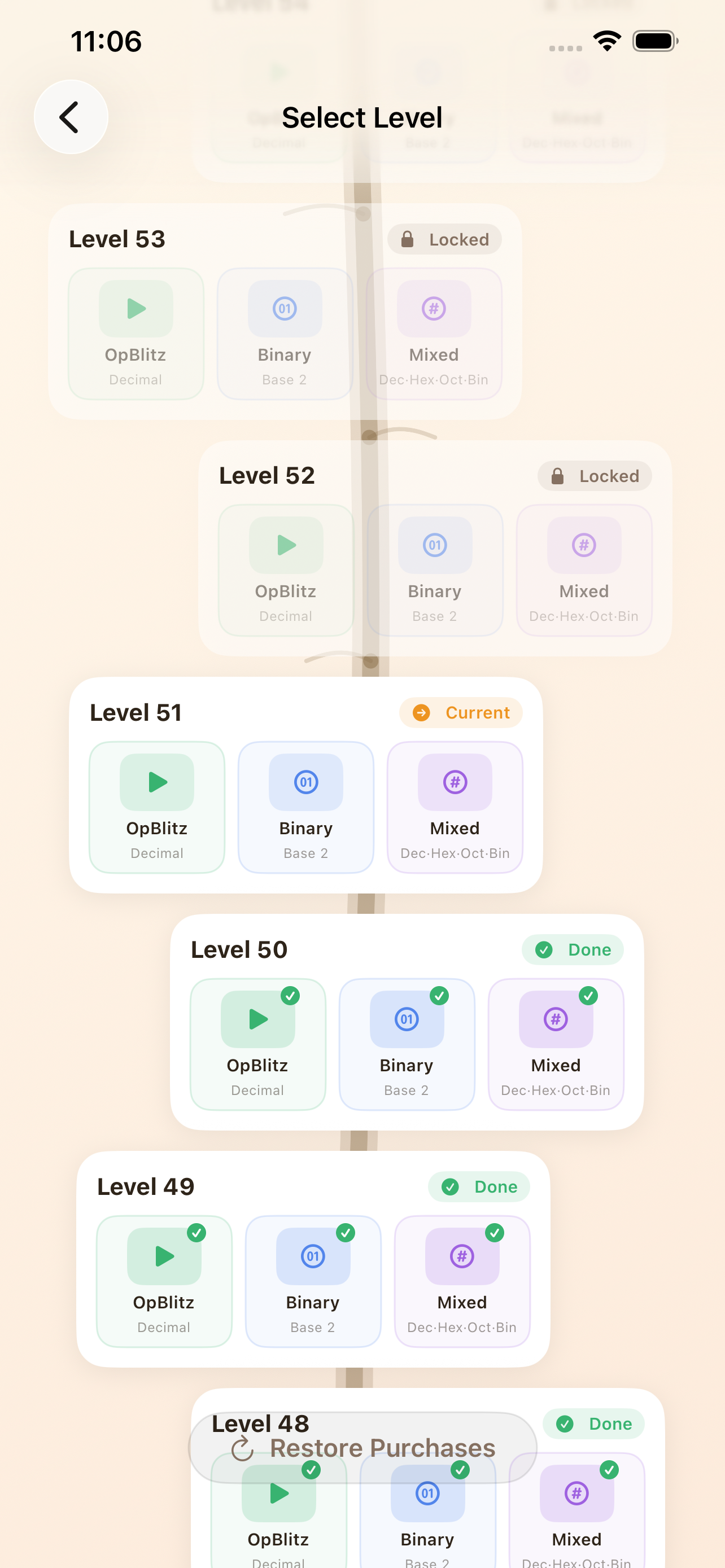 Level progress tree showing all modes and earned stars