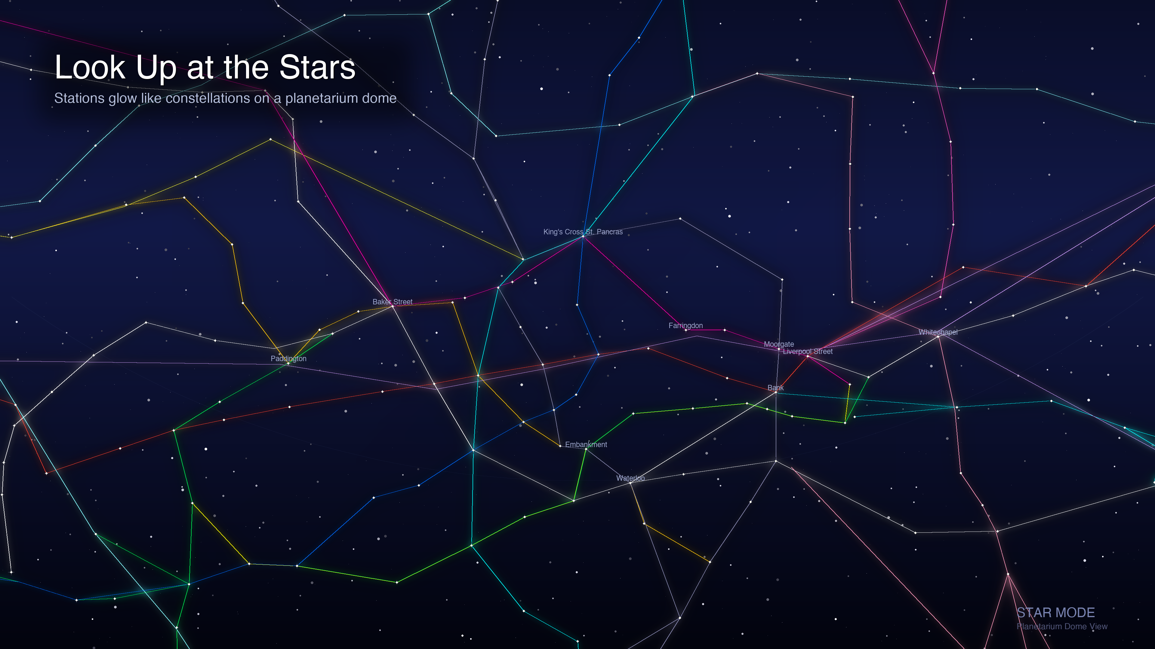 Star Mode — stations glowing like constellations on a planetarium dome